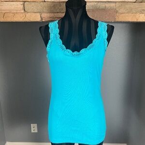 Faded Glory Y2K Lace Camisole Tank Top Preppy Coquette Longline Ribbed Blue L
